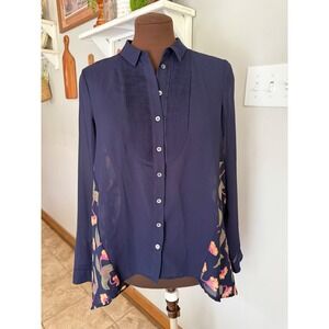 Maeve Anthropologie Ira Navy Blue Floral‎ Pleated Bib Tunic Blouse Size 2 sheer